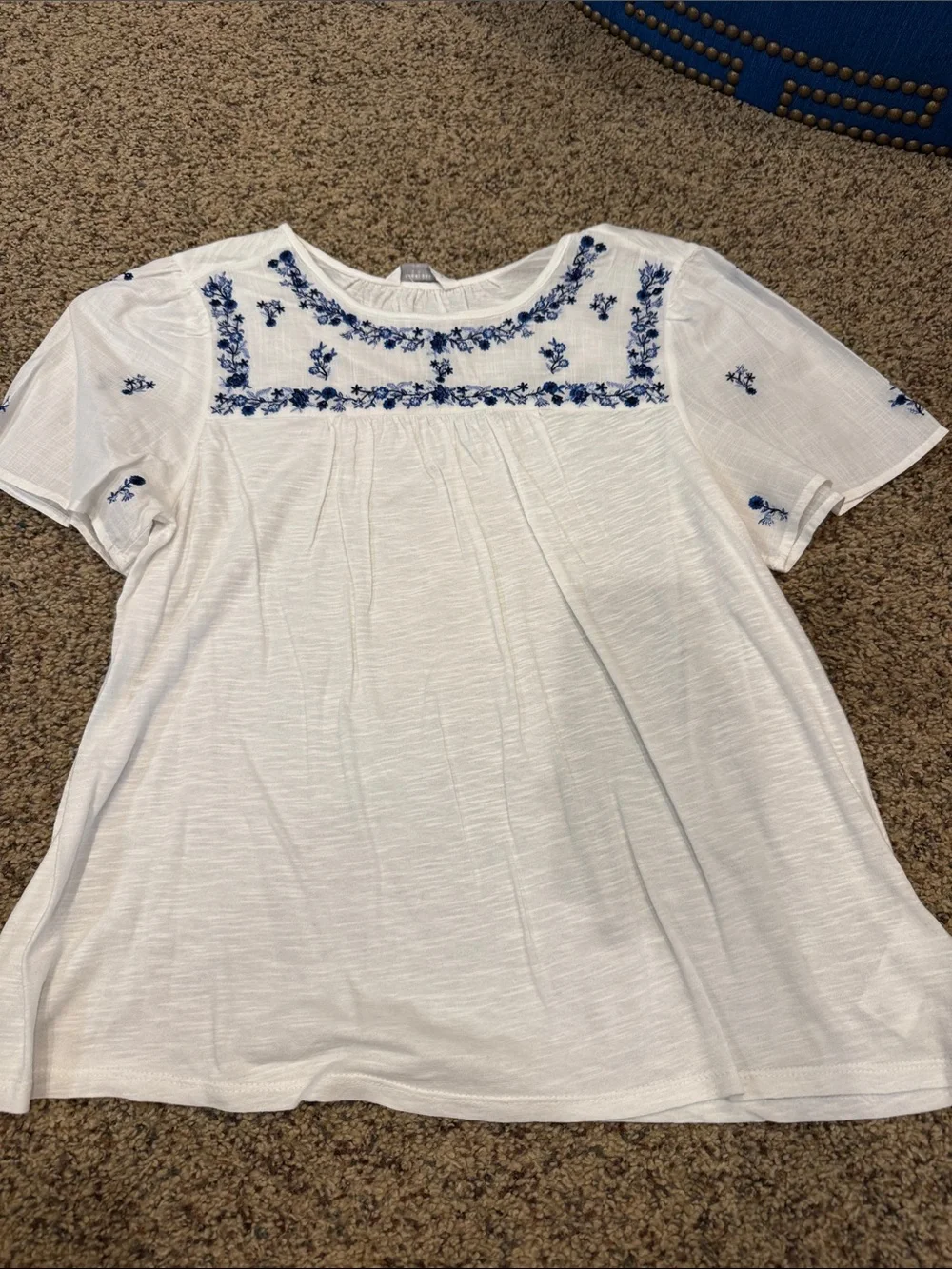 Lucky Brand White Short Sleeve Top with Blue Floral Embroidery